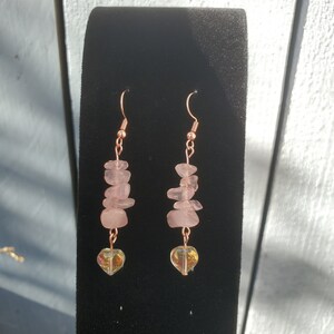 Rose Quartz Crystal Chip Dangle Earrings With Heart Charm Handmade | Brass Copper Nickel Free | Cute Whimsical Stone Earthy Earrings