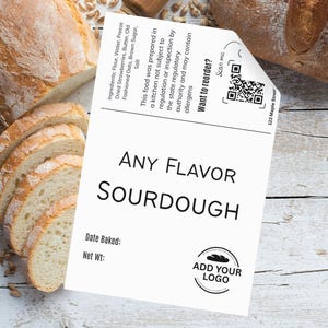 Anpassningsbara etiketter för surdegsbröd – Utskrivbar bagerietikett med logotyp – Vikbar förpackning för husmanskost