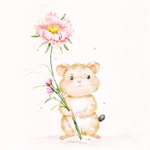 High Quality Design of Hamster+red flower  JPG- Digital Print, Watercolour, Wall Art, mug print, T-shirt, Commercial Use - Digital Download