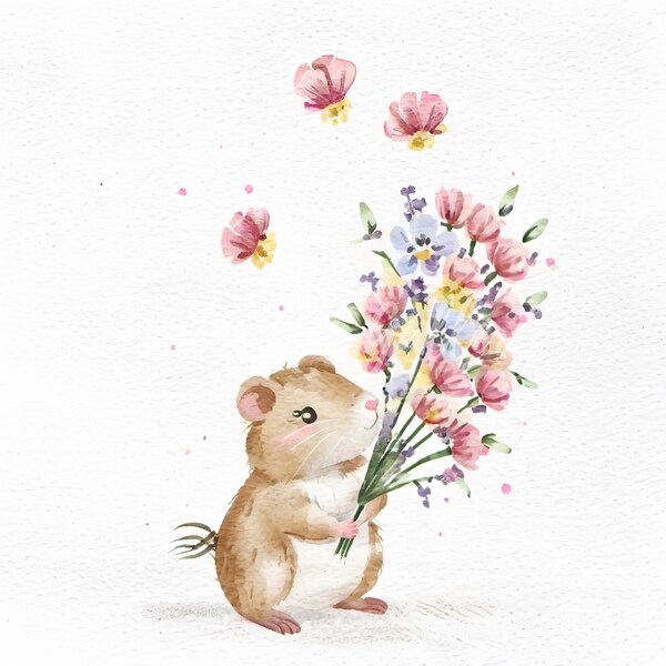 High Quality Design of Hamster+Flowers#3 JPG- Digital Print, Watercolour, Wall Art, mug print, T-shirt, Commercial Use - Digital Download