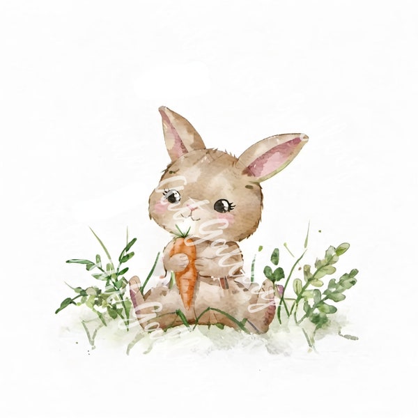 High Quality Design of Bunny holding Carrot JPG- Digital Print, Watercolor, Wall Art,Children Style Art, Commercial Use - Digital Download