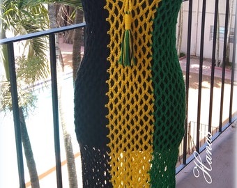 Jamaican Open Mesh Cover Up Dress/ V Neck/ Tri Color Dress/ READY TO SHIP