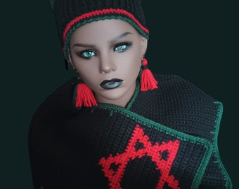 Red, Black and Green 2 Tier Crown Hat, Star of David Scarf and Fringed Earrings