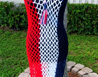 Red White and Blue Open Mesh Cover Up Dress/ V Neck/ Tri Color Dress/ READY TO SHIP