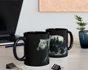 Wolf in Fog Forest Black Mug: Animal Lover Coffee Cup