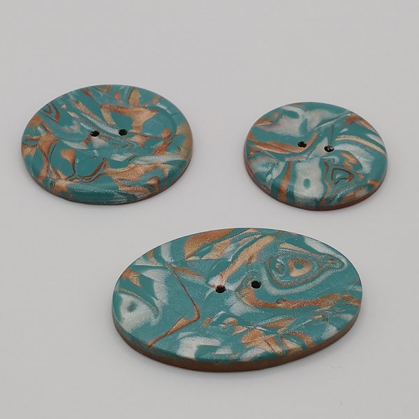 Large handmade buttons, Round artisan buttons, Oval, Teal and copper button