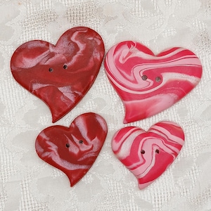 2 inch heart button, 1 1/2 inch, Large handmade buttons B156, Red or raspberry marbled