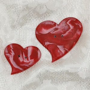 2 inch heart button, 1 1/2 inch, Large handmade buttons B156, Heart shaped artisan buttons, Red marbled