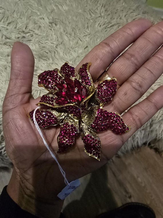 Extravagantly Large Ruby Red Rhinestone Floral Br… - image 1