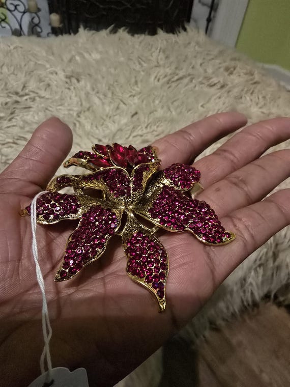 Extravagantly Large Ruby Red Rhinestone Floral Br… - image 2
