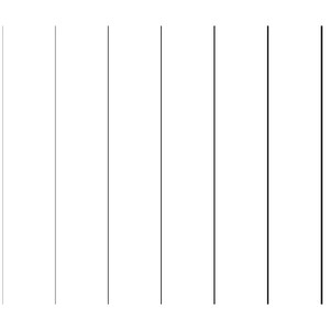 May include: A set of eight vertical lines, ranging in thickness and shade of gray, with the last line being the thickest and black.