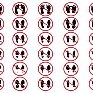May include: A set of 30 red and black no-entry signs with different footprints inside. The signs are circular with a red diagonal line across the centre.