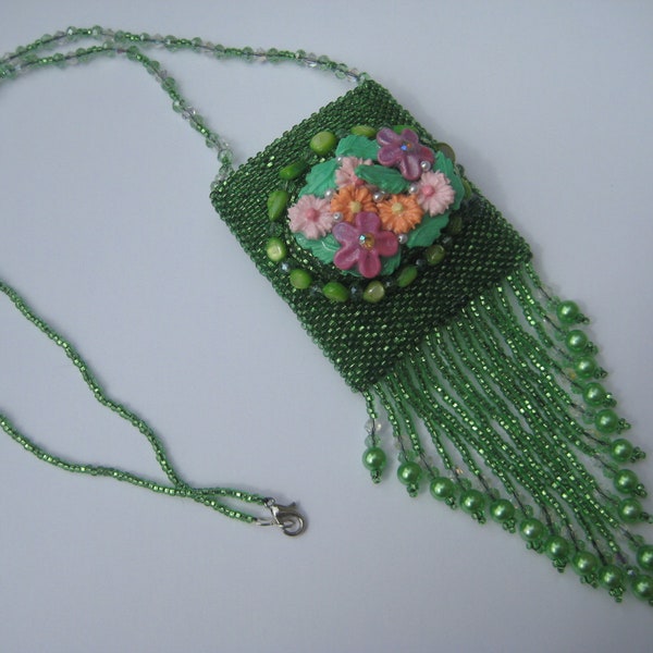 Amulet Bag,Medicine Bag,Wish Bag, hand beaded in greens