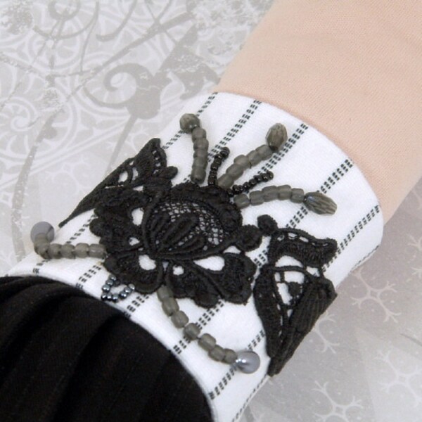 Striped Steampunk Victorian Cuff Black and White with Black Lace and Beaded