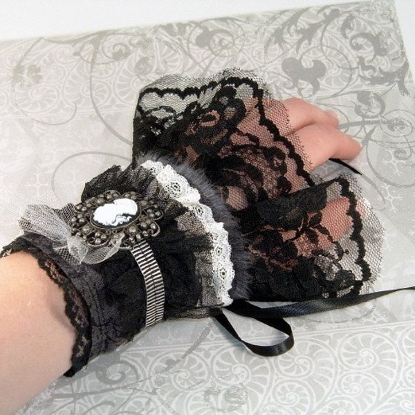 Steampunk Cuffs Cream Lace Black Floral Fabric Victorian Cameo Pair
