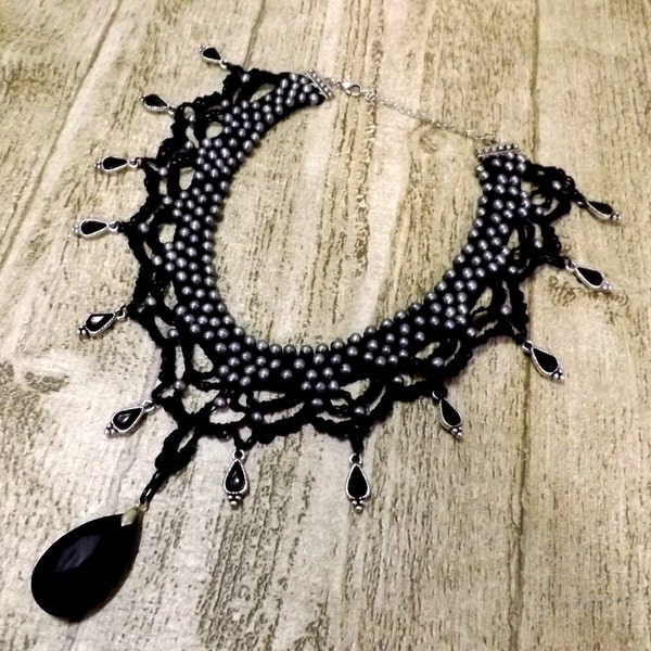 Steampunk Victorian Crocheted Choker- Black/ Freshwater Pearls /Teardrop Dangles