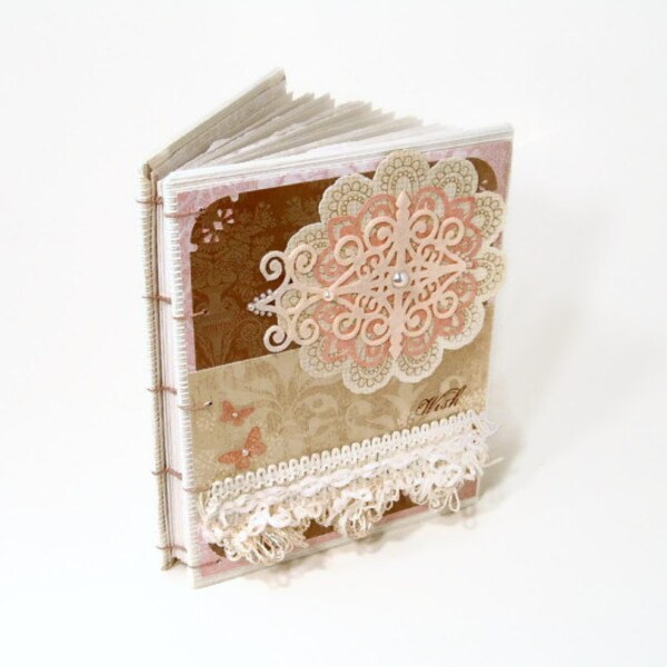 Shabby Chic Journal Pink Brown Victorian Coptic Bound Embellished