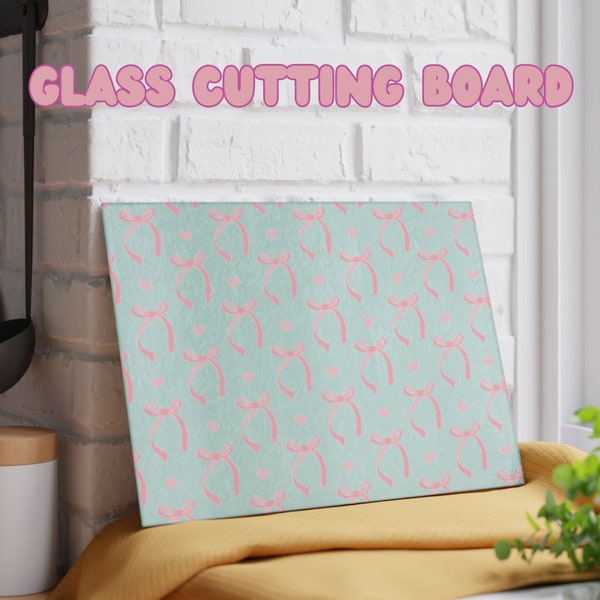 Coquette Glass Cutting Board with Pink Bows for Kitchen, Gifting, and Decor.