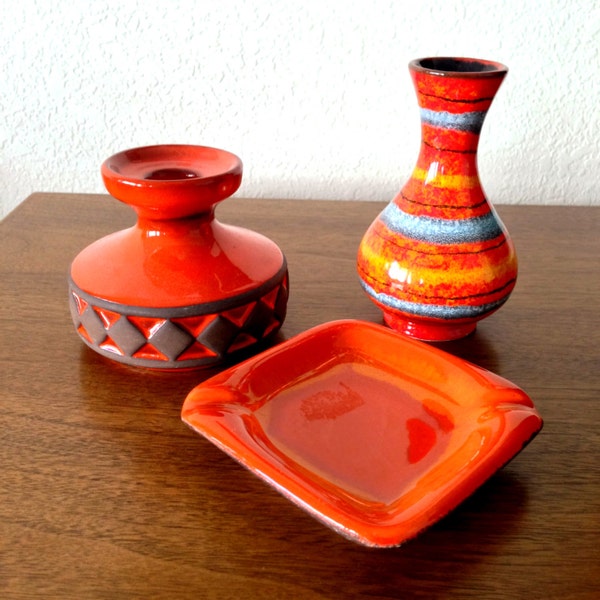 RESERVED FOR TASH Trio of Orange Mid Century Ceramic Pieces