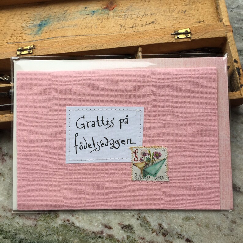 Card Swedish Birthday Congratulation Handwritten text Handmade envelope Grattis p\u00e5 f\u00f6delsedagen