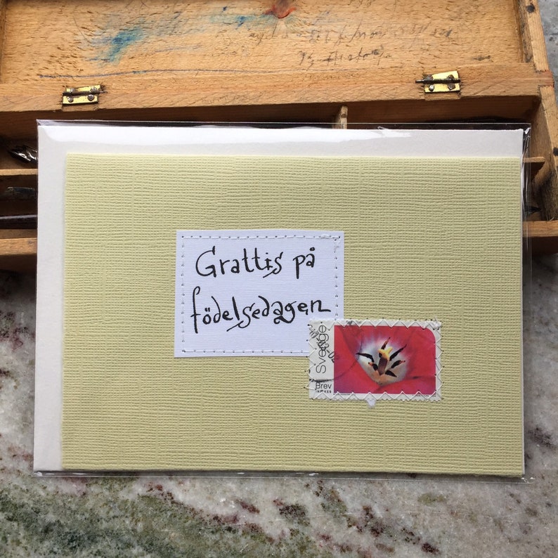 Card Swedish Birthday Congratulation Handwritten text Handmade envelope Grattis p\u00e5 f\u00f6delsedagen