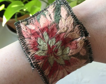 Updated - Embroidered Fabric Bracelet with text Love & Light : But take no c**p! Dahlia Flower Bird Cuff