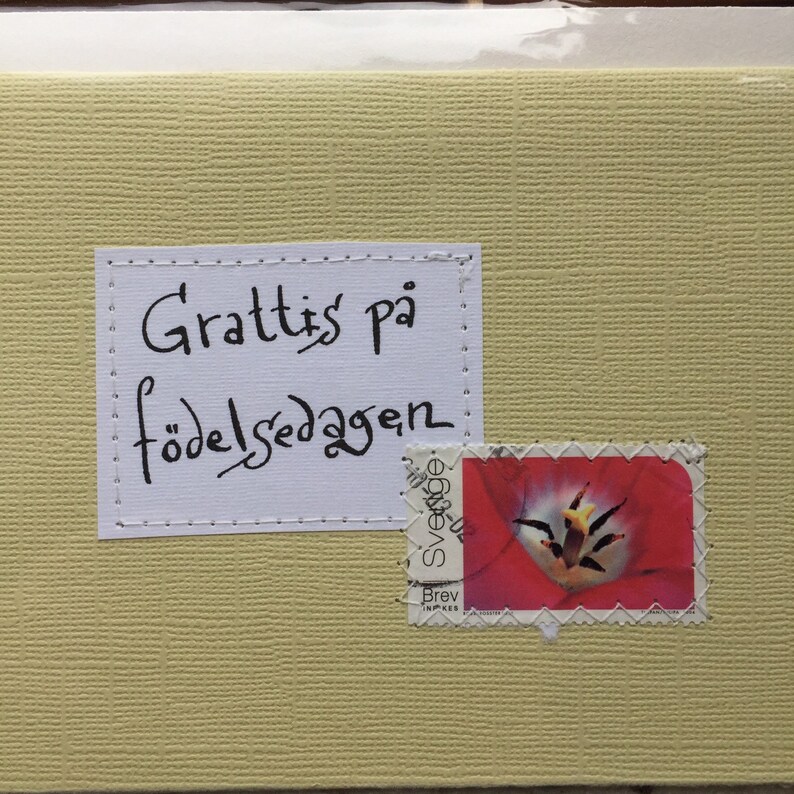 Card Swedish Birthday Congratulation Handwritten text Handmade envelope Grattis p\u00e5 f\u00f6delsedagen