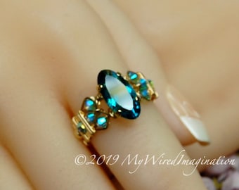 Blue Zircon Vintage Swarovski Crystal Handmade Ring, Rare Rounded Marquise Shaped Stone, Handmade Ring, December Birthstone