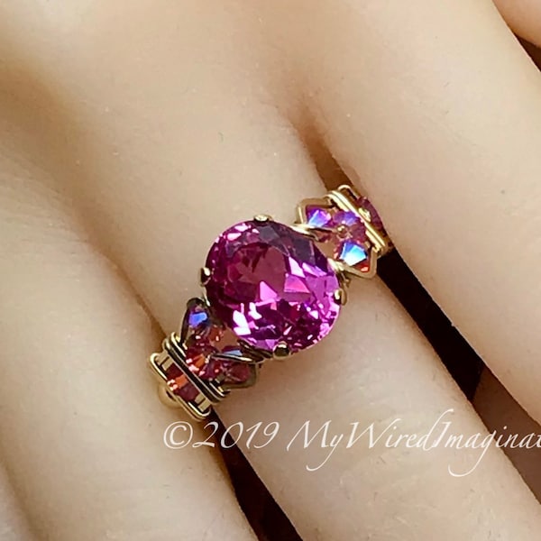 Hot Pink Sapphire Handmade Ring, with Blue Pearl or Rose Pink Crystals, Lab Created Sapphire Swarovski Pearl Ring