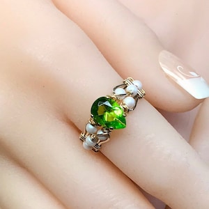 Peridot Quartz and Pearl Handmade Ring, Swarovski Pearl, August Birthstone, 14K GF or SS