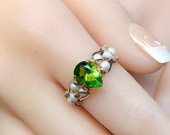 Peridot and Pearl Handmade Ring, Lab Created Peridot Quartz & Swarovski Pearl, August Birthstone