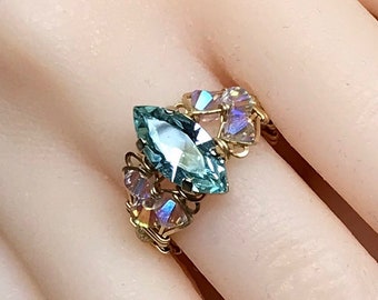 Swarovski Alexandrite Navette Marquise Handmade Ring, Color Change Crystal Ring, June Birthstone