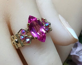 Hot Pink Sapphire Handmade Ring Lab Created Sapphire, Genuine Swarovski Crystals, Sterling Silver or 14K GF, September October Birthstone