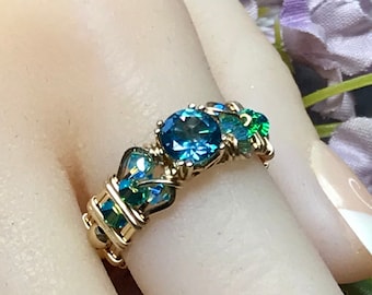 Petite Rainbow Mystic Topaz Handmade Ring Peacock Blue Mystic Topaz Ring, in 14K Gold or Sterling Silver