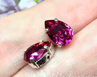 Fuchsia Pink Vintage Swarovski Crystal 2 Pcs, 10x7mm Pear 4320, With Prong Setting, Crystal Sew On, Bead Embroidery Component