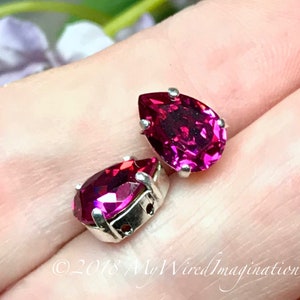 Fuchsia Pink Vintage Swarovski Crystal, 2 Pcs 10x7mm Pear 4320, With Setting, Bead Embroidery