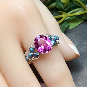 Hot Pink Sapphire Handmade Ring, with Blue Pearl or Rose Pink Crystals, Lab Created Sapphire Swarovski Pearl Ring image 5