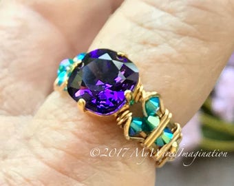 LAST ONE Purple Velvet & Blue Zircon HandmadeRing, Swarovski Crystal Handmade Ring, Ultra-Violet Purple, Fine Jewelry Unique Handmade Ring