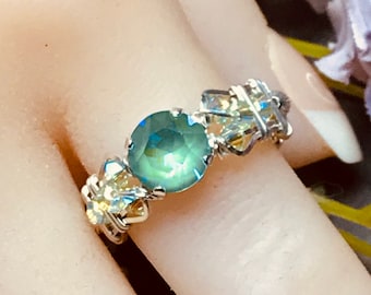 Silky Sage DeLite Ring, Genuine Swarovski Crystal, Handmade Ring, Summery Pale Green and Chrysolite ABX2