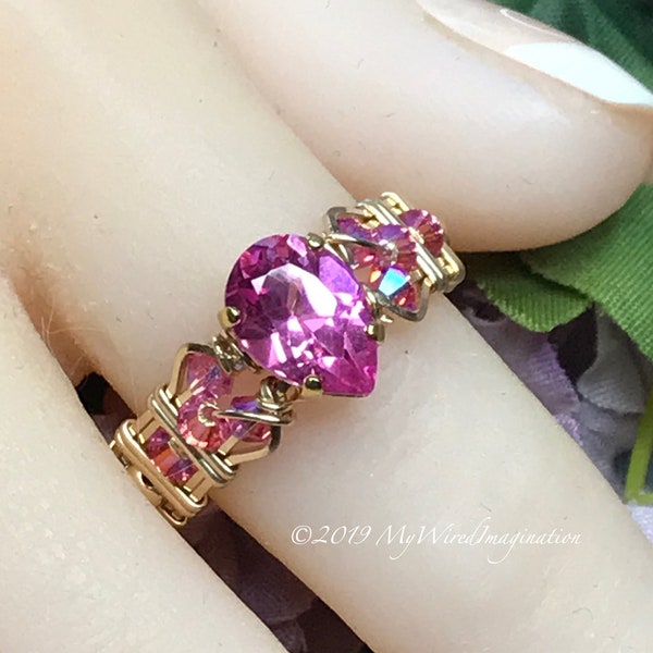 Stunning Hot Pink Sapphire Handmade Ring, with Rose Pink Crystals, Lab Created Sapphire & Swarovski Crystal  Ring