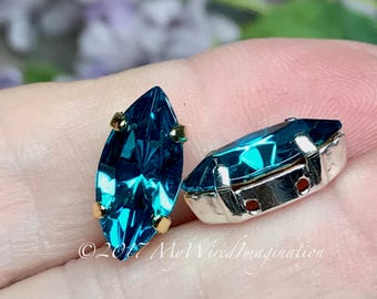Blue Zircon 1 Pc Vintage Swarovski 15x7mm Navette, With Setting, Bead Embroidery Component, December Birthstone Teal Blue
