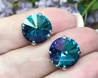 14mm Rivoli Genuine Swarovski Crystal Blue Lagoon 1122 UNF With Sew On Setting, Bermuda Blue Heliotrope, Bead Embroidery Component