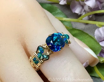 Bermuda Blue Vintage Swarovski Crystal Handmade Ring, Unique Engagement Anniversary Birthday Gift