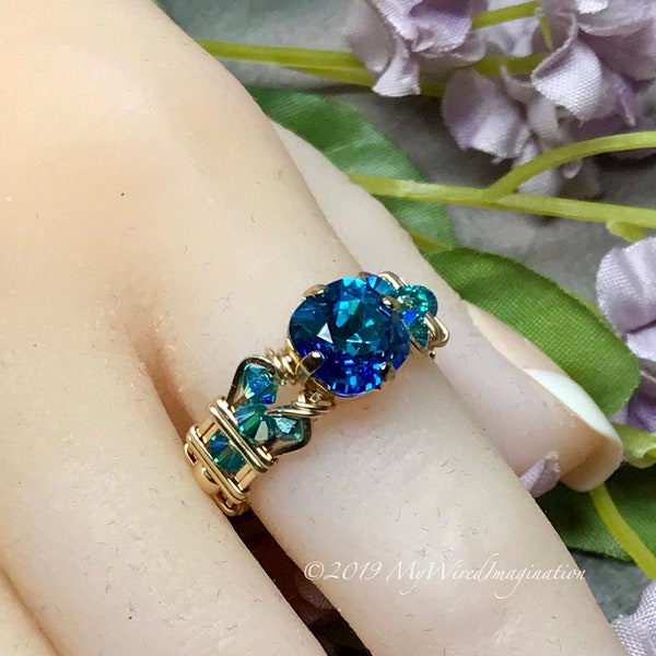 Bague faite à la main en cristal Swarovski vintage bleu des Bermudes, cadeau d’anniversaire de fiançailles unique