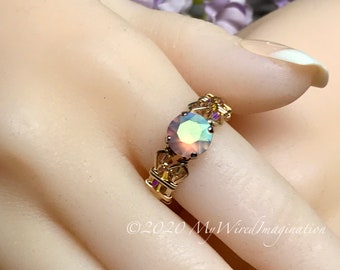 Swarovski Pastel Blush Rose AB Crystal Handmade Ring, Unique Engagement Anniversary Gift