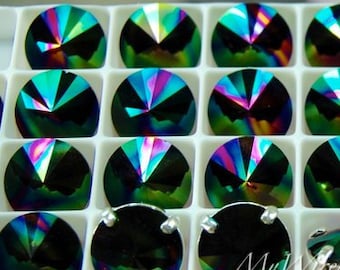 Swarovski Rainbow Dark 10mm or 12mm Rivoli 1122, Genuine Swarovski in Setting, Crystal in Settings, Sew On Rivoli, Rainbow Dark 1122 Rivoli