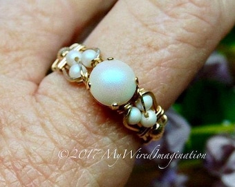 Swarovski Crystal Pearl Handmade Ring, Pearlescent White Pearl, Handmade Ring, Unique Engagement Anniversary Gift