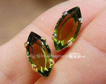 Olivine Vintage Swarovski 2 pcs Transparent Channel Cut 15x7mm Navette Crystal Sew On, Crystal , August Birthstone Color, Bead Embroidery