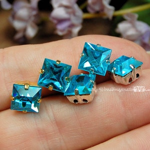 Aquamarine 2 Pcs Vintage Swarovski Crystal 8mm Square, With Prong Setting, March Birthstone, Bead Embroidery Component