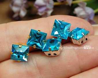 Aquamarine 2 Pcs Vintage Swarovski Crystal 8mm Square, With Prong Setting, March Birthstone, Bead Embroidery Component